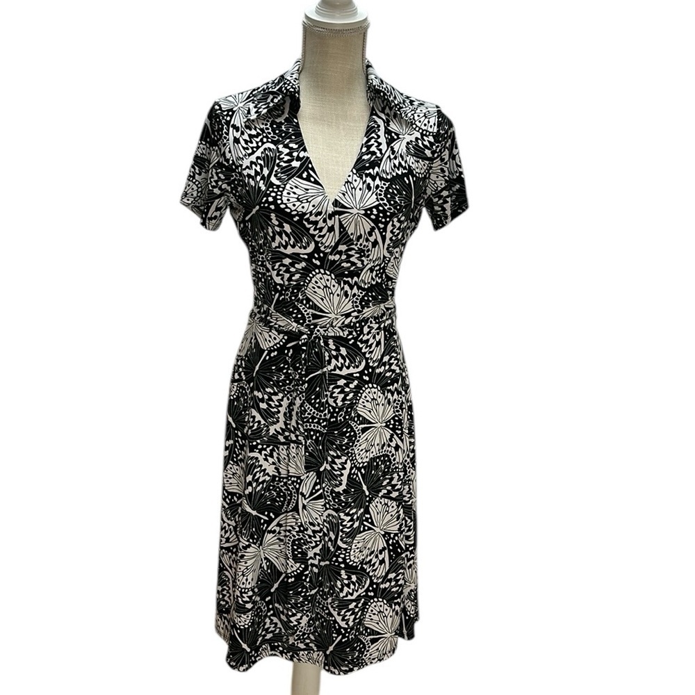 Brooks Brothers Black-White Knit Jersey Butterfly‎ Print Wrap Dress Size …